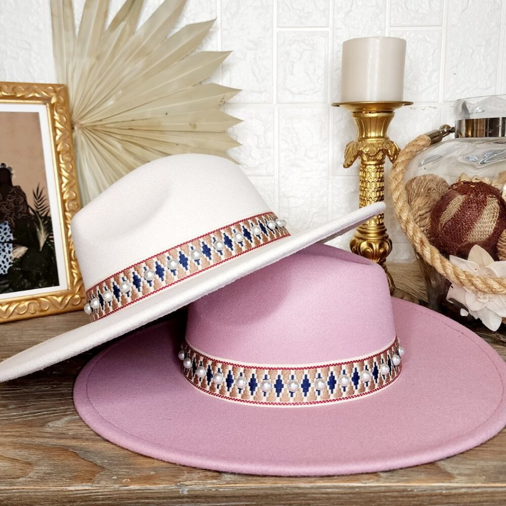 NWT Wide Brim Fedora Pink or Ivory with Pearl Band